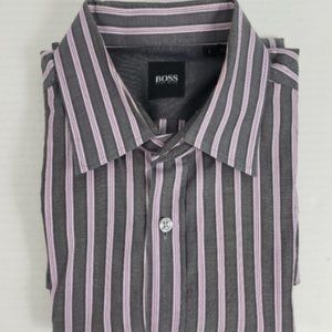 Hugo Boss Men Striped Dress Shirt Gray Pink